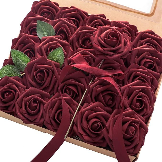 Floroom Artificial Flowers 25pcs Real Looking Burgundy Foam Fake Roses with Stems for DIY Wedding... | Amazon (US)