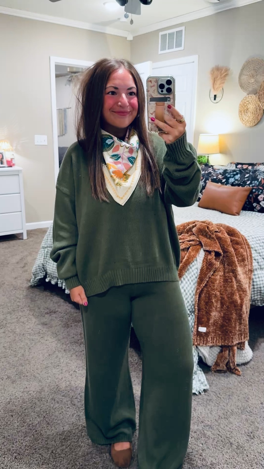 The coziest fall classroom outfit! 🍂 This olive green sweater set is so comfy, and the printed scarf adds the cutest pop of color!

flats: fit true to size // wearing a 5
pants: fit oversized // wearing a medium
sweater: fits true to size // wearing a large 

 #LTKootd #LTKMidsize #LTKWorkwear