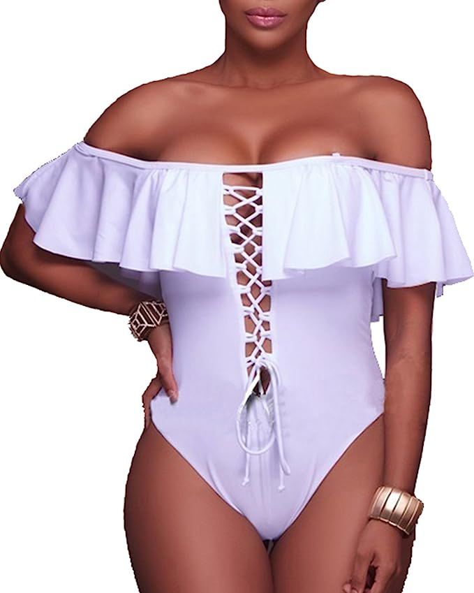 Tempt Me Women Sexy One Piece Swimsuits Lace Up Ruffled Off Shoulder Flounce Monokini Bathing Suits | Amazon (US)