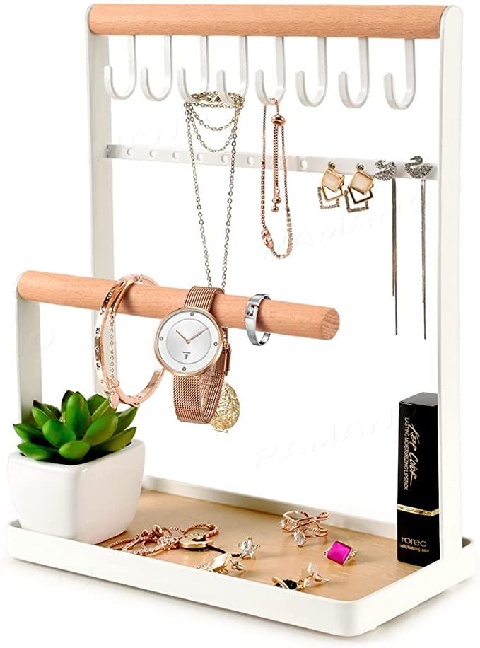 Jewelry Organizer Necklace Stand Holder, 4-Tier Hanging Wooden Ring Earring Tray, 8 Hooks Necklac... | Amazon (US)