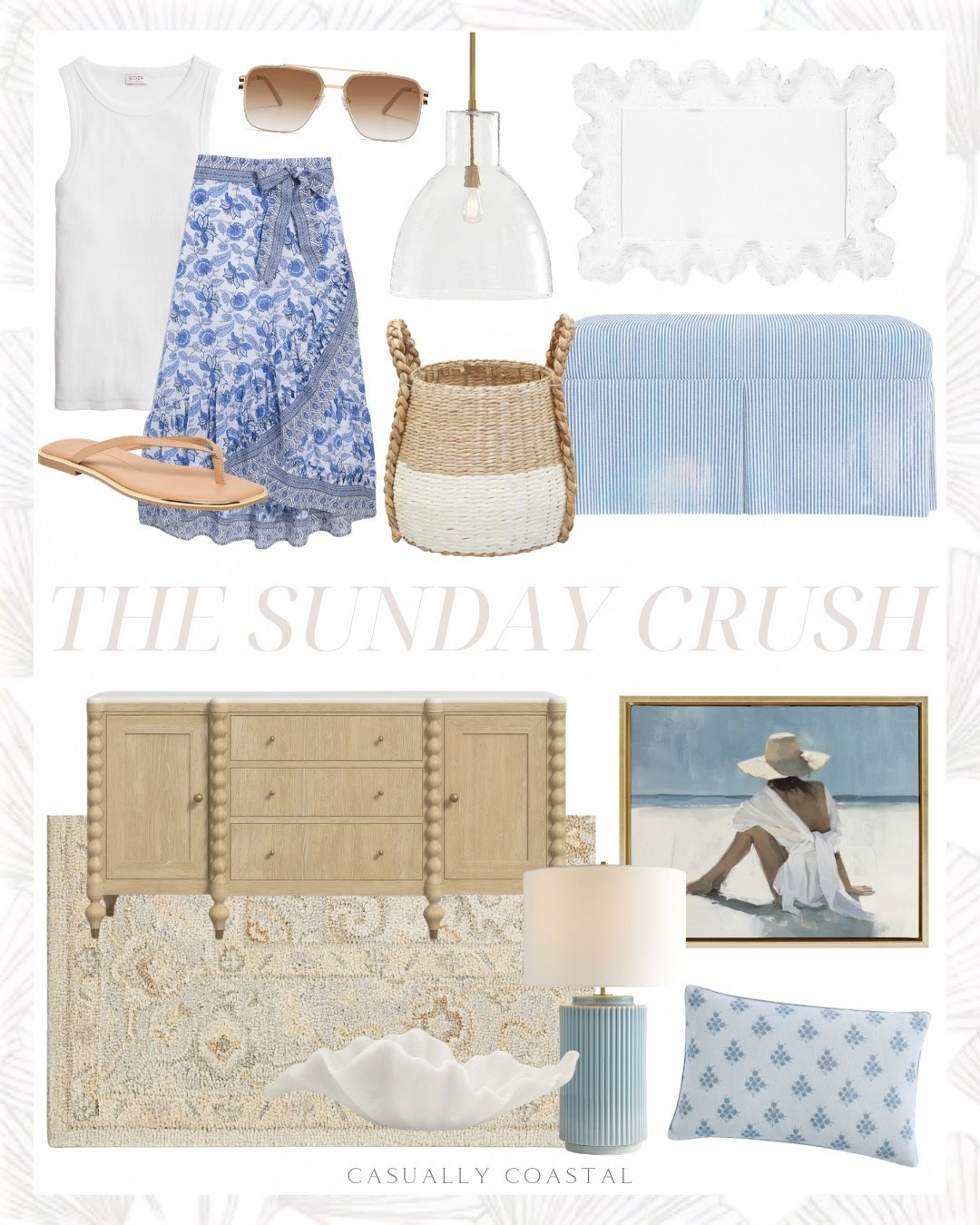 The Sunday Crush!

Coastal home decor, coastal style, coastal skirt, coastal rug, coastal sideboard, coastal pillow, coastal basket, 72” sideboard, piped block print cotton pillow cover, two tone wicker basket, pottery barn lamp, ceramic table lamp, quince rug, neutral rug, ribbed high neck tank top, white tank top, decorative bowl, vineyard vines wrap skirt, light tan flip flops, oversized square sunglasses, cotton upholstered storage bench, prep stripe blue ottoman, coastal wall art, coastal artwork, rectangular mirror, coastal mirror, pottery barn chandelier metal staggered chandelier

#LTKHome #LTKSaleAlert