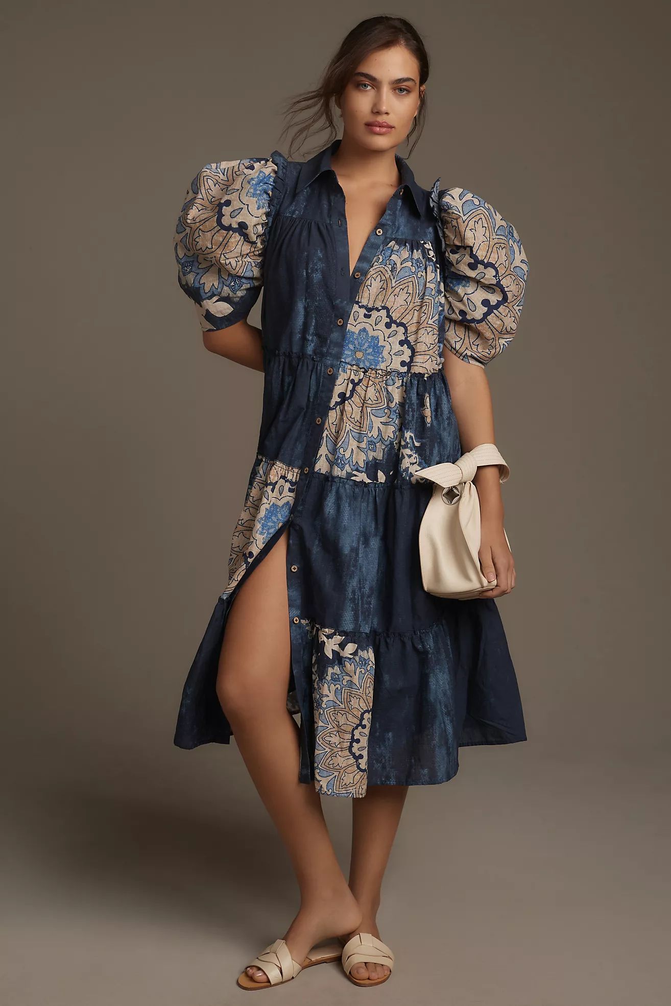 Let Me Be Puff-Sleeve Patchwork Shirt Dress | Anthropologie (US)