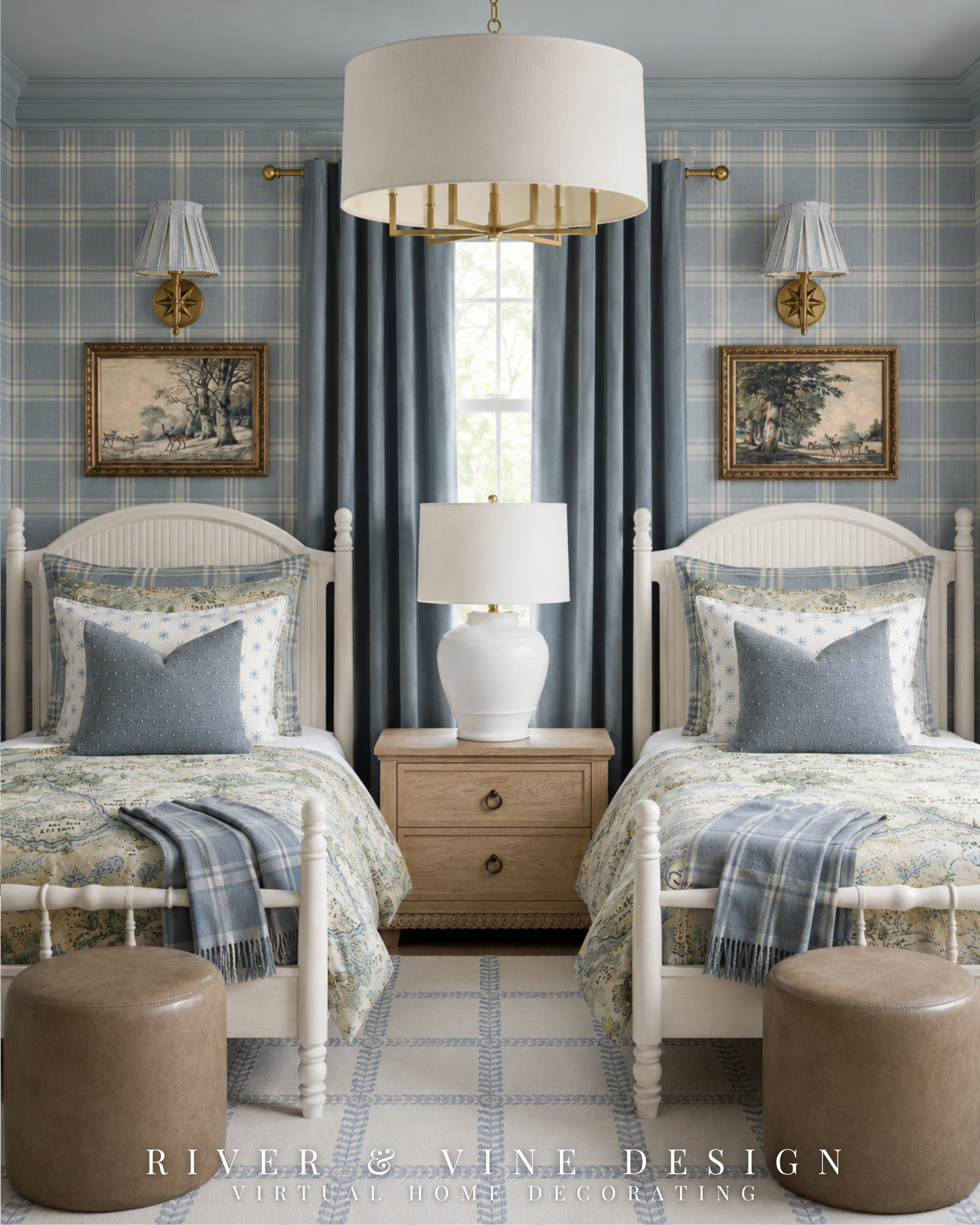 A classic twin bedroom that feels sweet without feeling too themed. The mix of blue plaid wallpaper, white spindle beds, patterned bedding, pleated sconces, brass accents, tailored drapery, and leather ottomans gives the room that collected, heirloom feel while still feeling soft and livable.

This is a great formula for a shared kids’ room, grandmillennial bedroom, classic nursery transition room, or guest room: start with a wallpaper you love, repeat the color in the curtains and textiles, add warm wood or leather for contrast, and keep the larger furniture timeless.

Save this for classic twin bedroom ideas, blue kids room inspiration, plaid wallpaper, traditional bedroom decor, spindle beds, shared bedroom ideas, grandmillennial style, and timeless children’s room design.

I may receive a small commission from purchases made through my links, at no additional cost to you. 

 #LTKHome