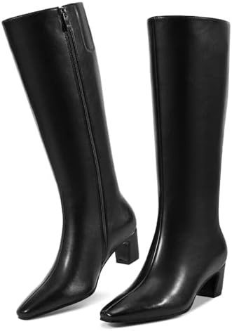 ISNOM Black Knee High Boots Women with Side Zipper Womens Tall Chunky Boots Low Heeled Pointed To... | Amazon (US)