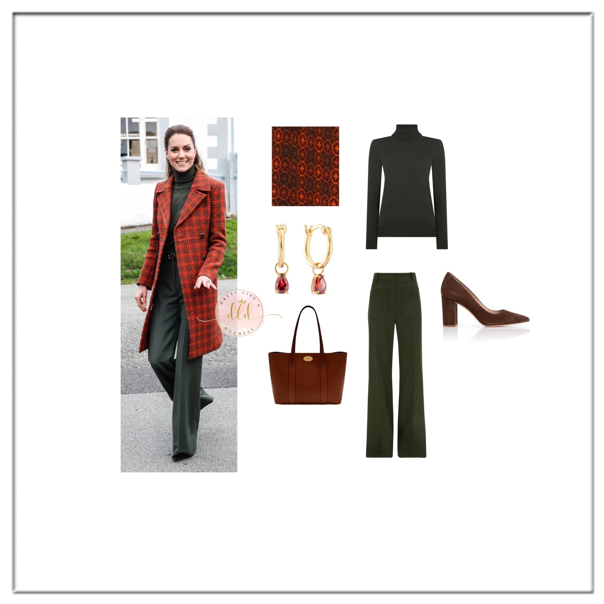 2/3/26 Kate Middleton in west Wales 🏴󠁧󠁢󠁷󠁬󠁳󠁿 to visit textile manufacturers wearing bespoke vintage 1960s coat by Melin Tregwynt + N.Peal London Luna rollneck jumper + Victoria Beckham Alina trousers in oregano + Spells of Love garnet hoops+ Emmy London Josie chocolate suede pumps+ Mulberry Bayswater small oak tote 