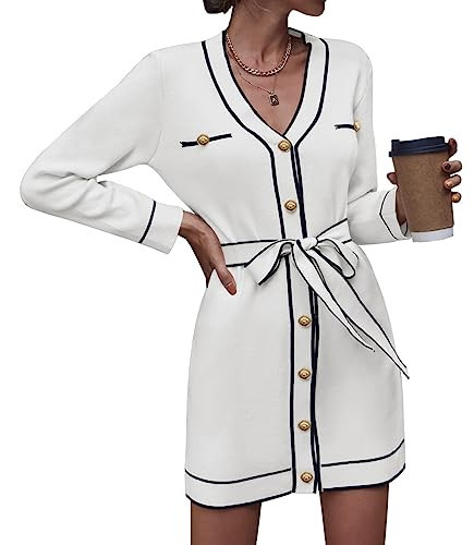 Pink Queen Womens V Neck Long Sleeve Mini Dress Elegant Button Down Open Front Color Block Knit Sweater Cardiagns with Belt White M | Amazon (US)