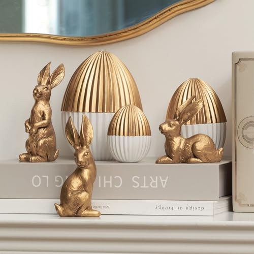 DN DECONATION 6PCS Easter Decorations with 3 Rabbits and 3 Gold Easter Eggs, Small Easter Bunny Figurines, Spring Table Centerpiece Decor Rabbit Statues, Indoor Bunny Decor, Vintage Home Decor | Amazon (US)