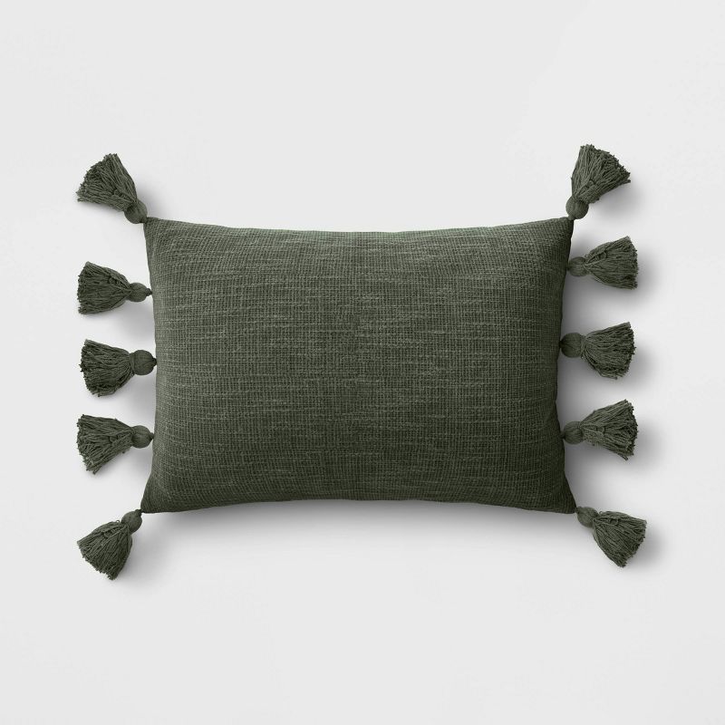Textured Woven Lumbar Throw Pillow with Tassels Forest Green - Threshold™ | Target