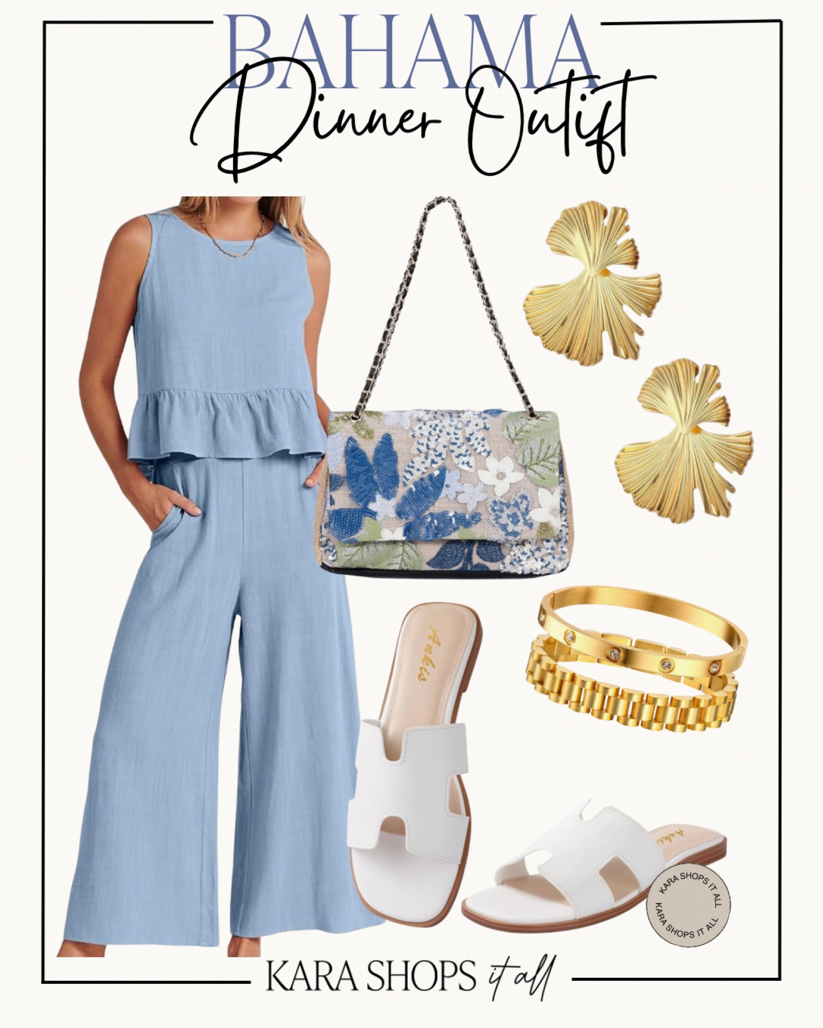 Bahama dinner outfit! Blue set from Amazon, blue beaded purse, gold earrings, white sandals, gold bracelets, and more! 
#Amaoznfashion #Vacationoutfit #bahamaoutfit

#LTKSeasonal #LTKsalealert #LTKstyletip