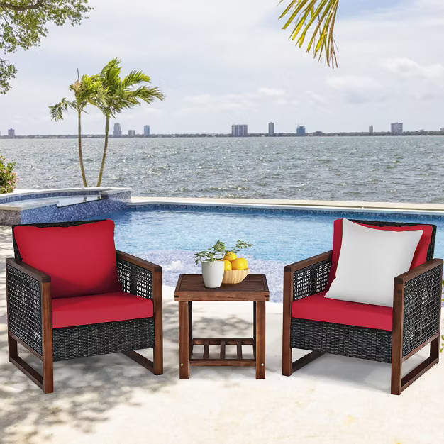Costway 3PCS Patio Wicker Furniture Set Solid Wood Frame Cushion Sofa w/ Square Table Shelf | Target