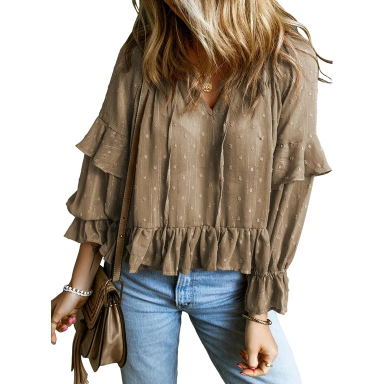 Dokotoo Women Long Sleeve Shirts Tops Casual V Neck Ruffled Swiss Dot Solid Color Fashion Blouse ... | Walmart (US)