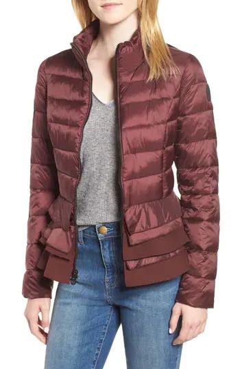 Women's Tahari Zoey Ruffle Hem Puffer Jacket, Size X-Small - Red | Nordstrom