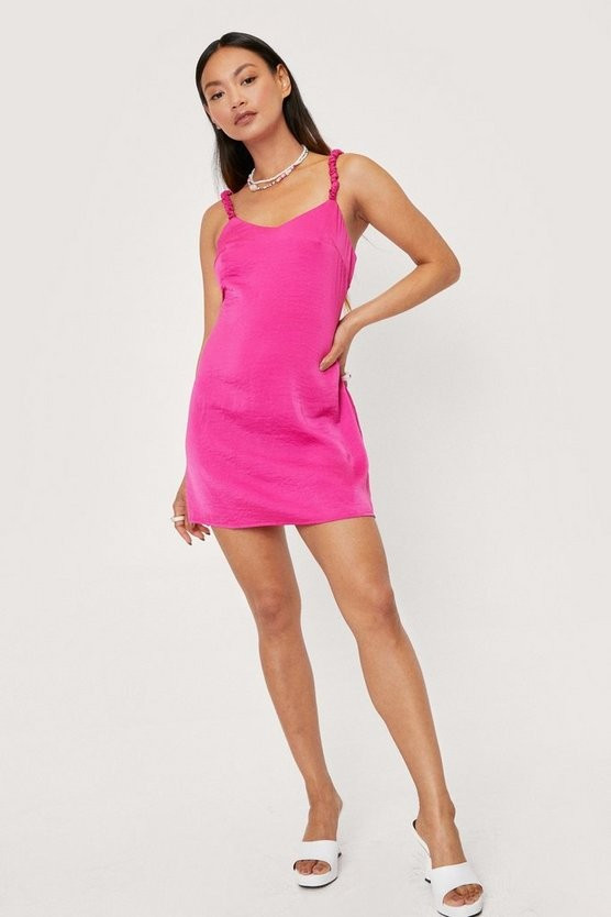 Petite Ruched Strap Slip Satin Mini Dress | Nasty Gal (US)
