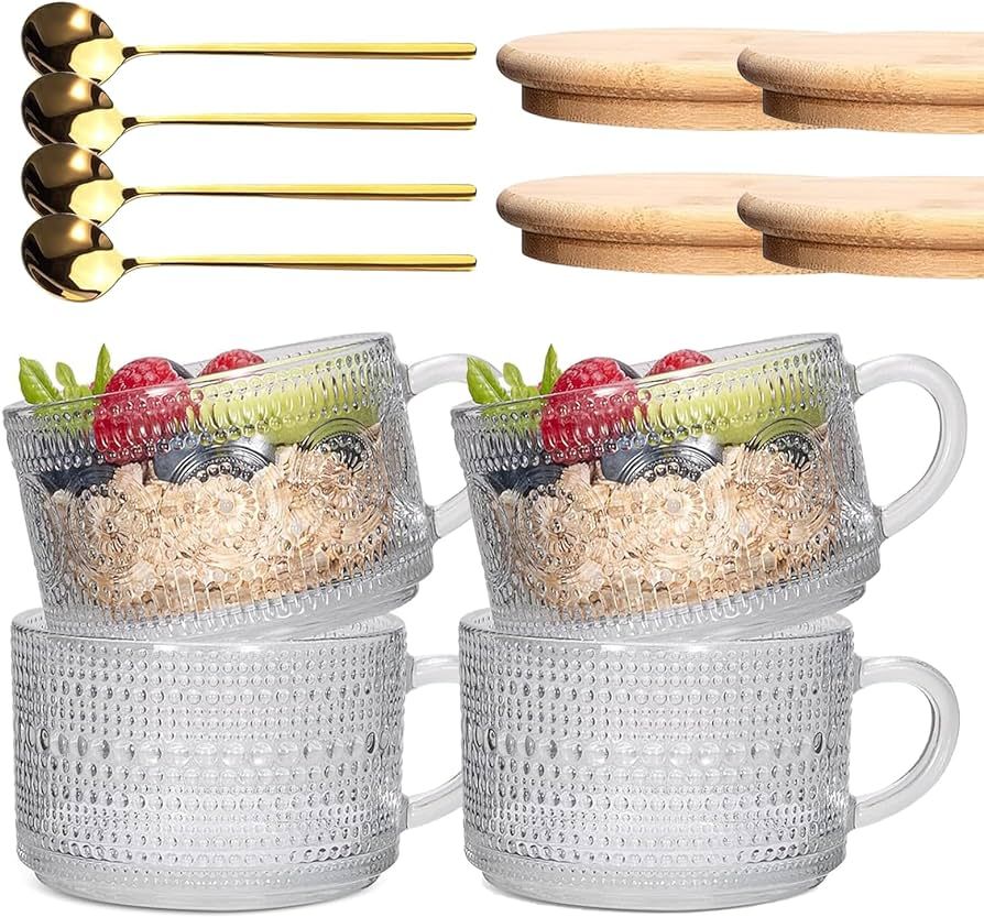 4pcs Set Vintage Coffee Mug, Clear Patterned Glass With Handle, Bamboo Lid and Spoon -14 oz. Idea... | Amazon (US)