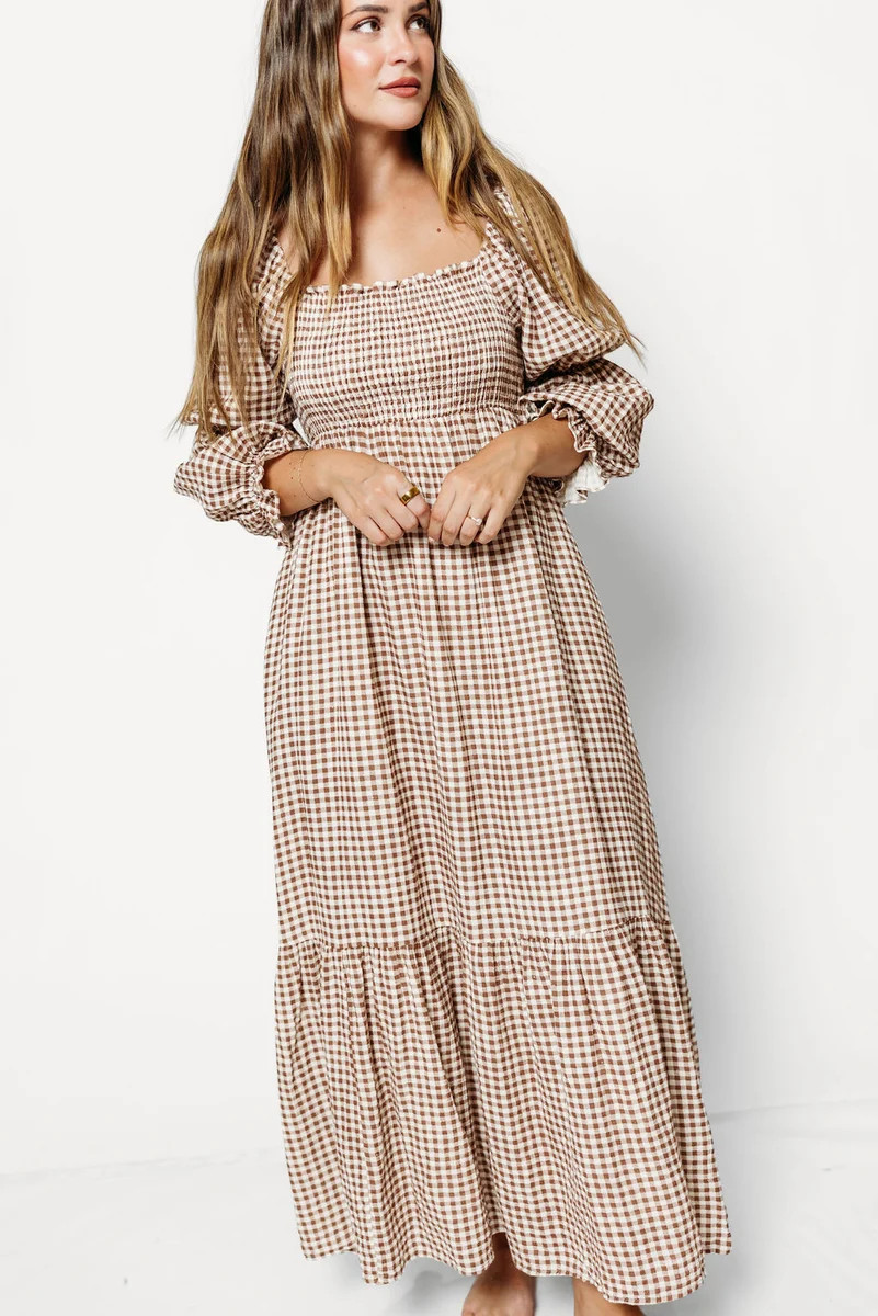 Emerson 100% Cotton Smocked Maxi Dress with Long Sleeves in Brown Ging | Worth Collective