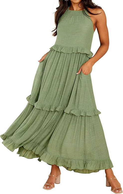 R.Vivimos Womens Summer Dress Cotton Sleeveless Halter Layered Ruffles Casual Boho Flowy Maxi Dre... | Amazon (US)