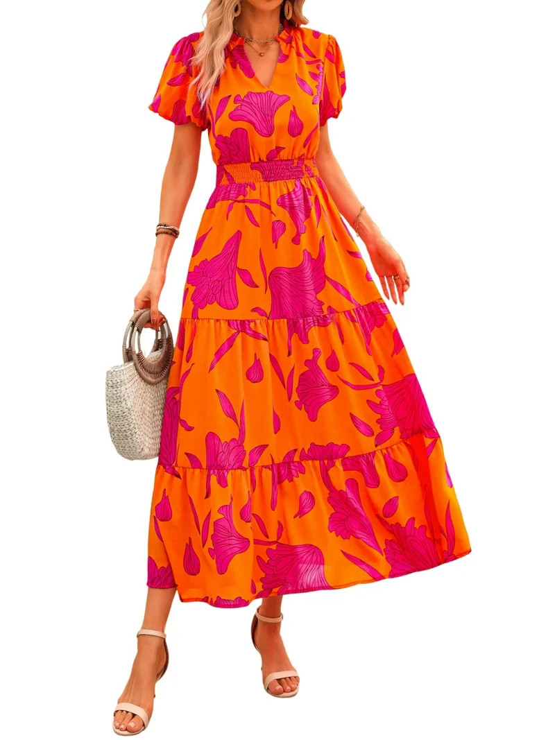 PRETTYGARDEN Summer Maxi Dress for Women Casual Wear To Work V Neck Puff Short Sleeve Smocked Ruf... | Walmart (US)