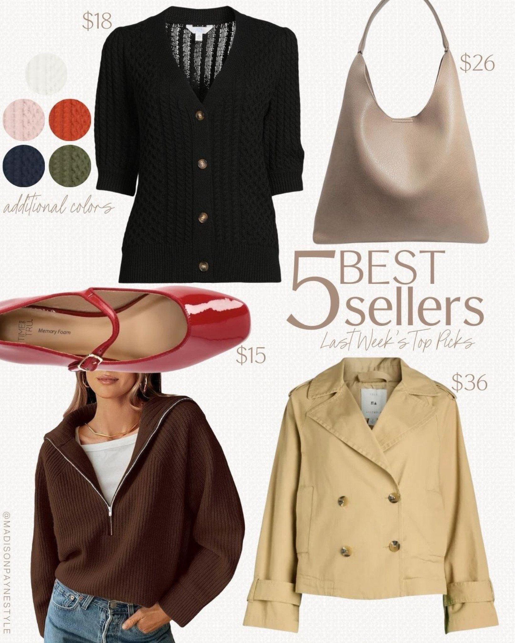 Last week’s best sellers included a $18 boyfriend cardigan (it comes in 5 additional colors), a hobo bag (a great go-to fall bag), $15 Mary Jane ballet flats (trending for fall), a half zip sweater (a fall wardrobe staple), and a cropped trench coat (a designer look for less and trending for fall)

Best sellers, cardigan, boyfriend cardigan, Walmart cardigan, hobo bag, Amazon handbag, fall handbag, fall hobo bag, ballet flats, Mary Jane flats, Walmart flats, fall shoes, sweater, Amazon sweater, trench coat, cropped trench coat, Madison Payne 

#LTKStyleTip #LTKSeasonal #LTKFindsUnder50
