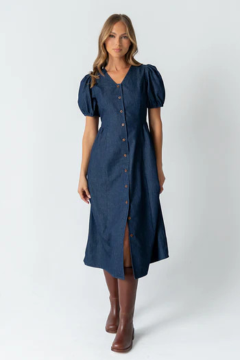 Conley Pinstripe Midi Dress in Medium Wash | Böhme US