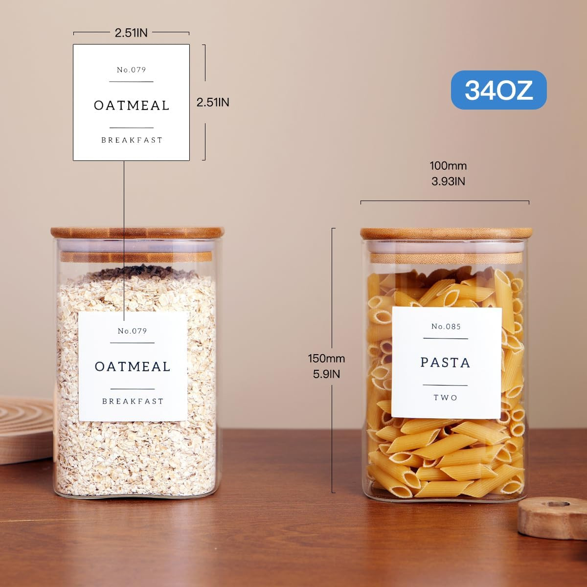 6 Pack Square Kitchen Storage Jars with Airtight Bamboo Lids and 132 Pantry Labels - 35oz Glass C... | Amazon (US)