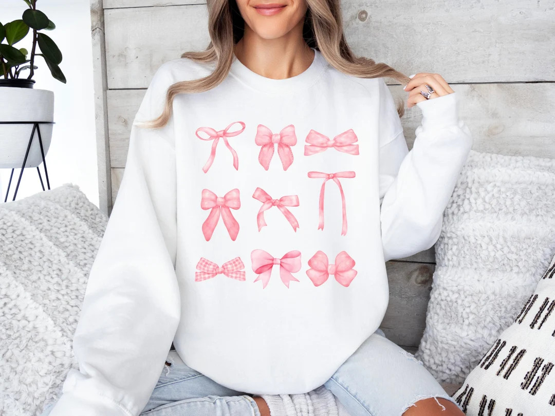 Coquette Pink Bow Sweatshirt for Women, Cute Coquette Top, Trendy Crewneck for Women, Coquette Sw... | Etsy (US)