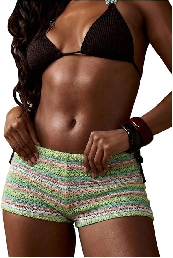 RoseSeek Women's Micro Shorts Striped Knit Crochet Mini Shorts Y2K | Micro Shorts, Low Rise, Colo... | Amazon (US)