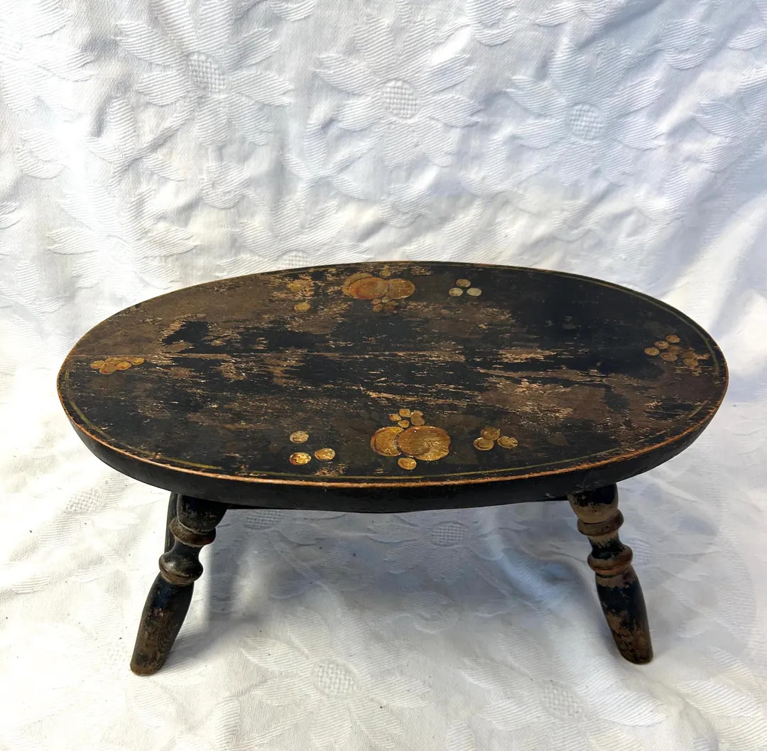 Antique Wood Footstool Painted Black with Decorative Painting | Etsy (US)