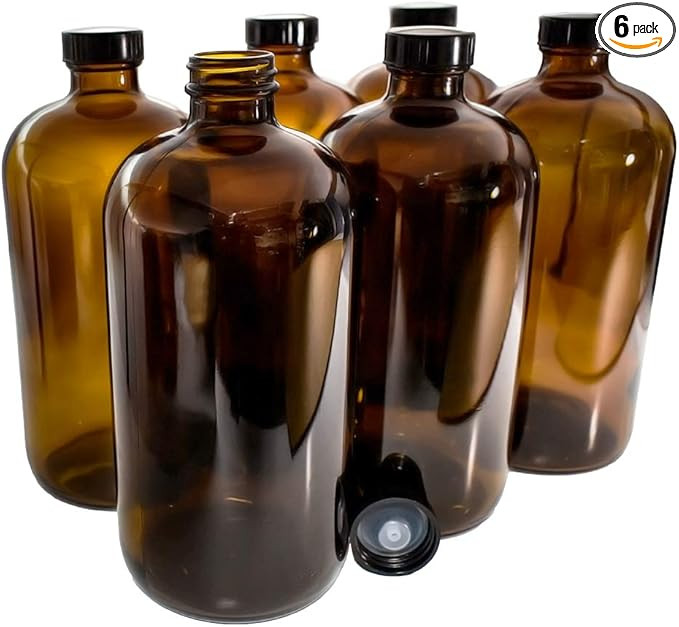 (Pack of 6) 32 oz. Amber Boston Round with Black Poly Cone Cap | Amazon (US)