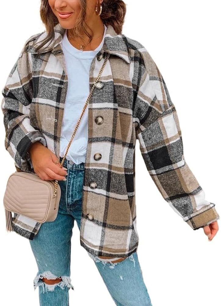 SHEWIN Womens Long Sleeve Plaid Shirts Flannel Lapel Button Down Shacket Jacket Coats | Amazon (US)