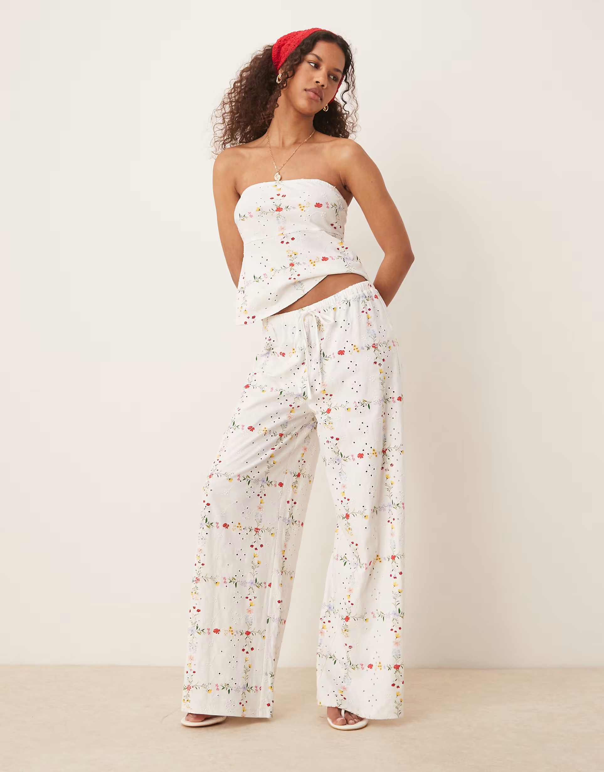 ASOS DESIGN broderie drawcord straight trousers in floral square print | ASOS (Global)