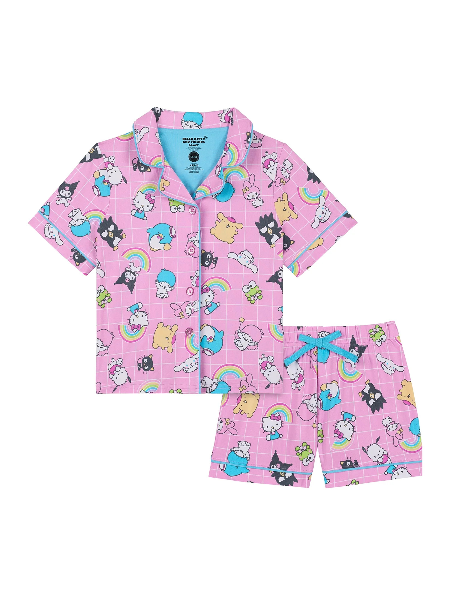 Hello Kitty Girls Short Sleeve Sleep Notch Collar Top and Shorts Pajama Set, 2-Piece, Sizes 4-12 | Walmart (US)