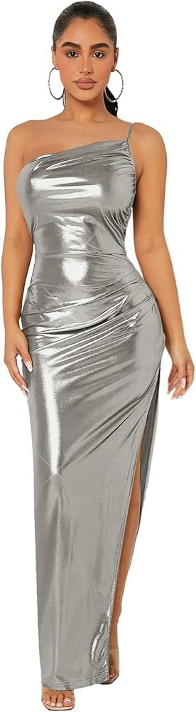 Floerns Women's One Shoulder Sleeveless Ruched Slit Hem Metallic Bodycon Long Dress | Amazon (US)