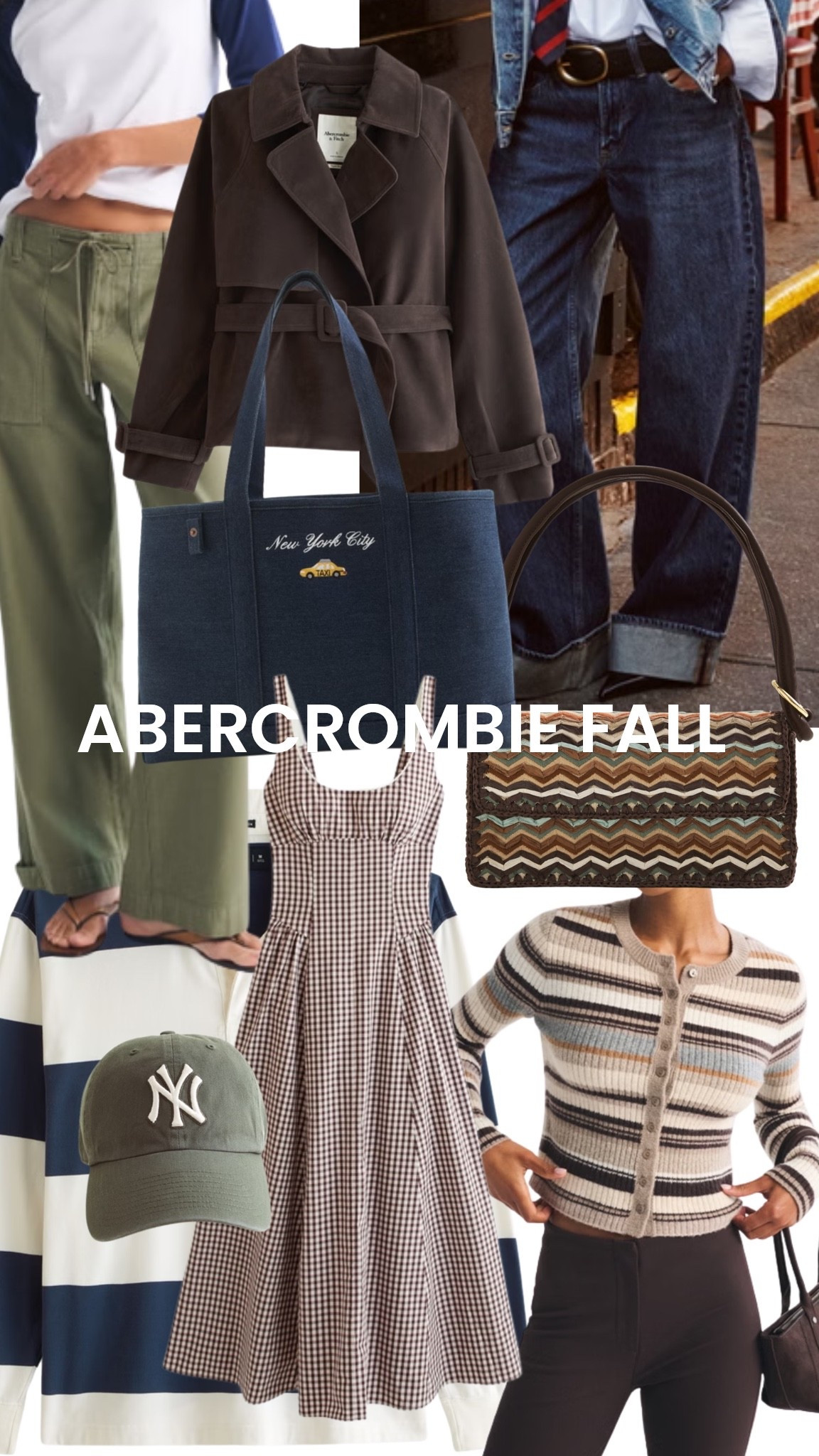 Abercrombie fall! Loving the brown, green, textured and pops of navy. #fallstyle #abercrombie #stripes #cargopant #denim