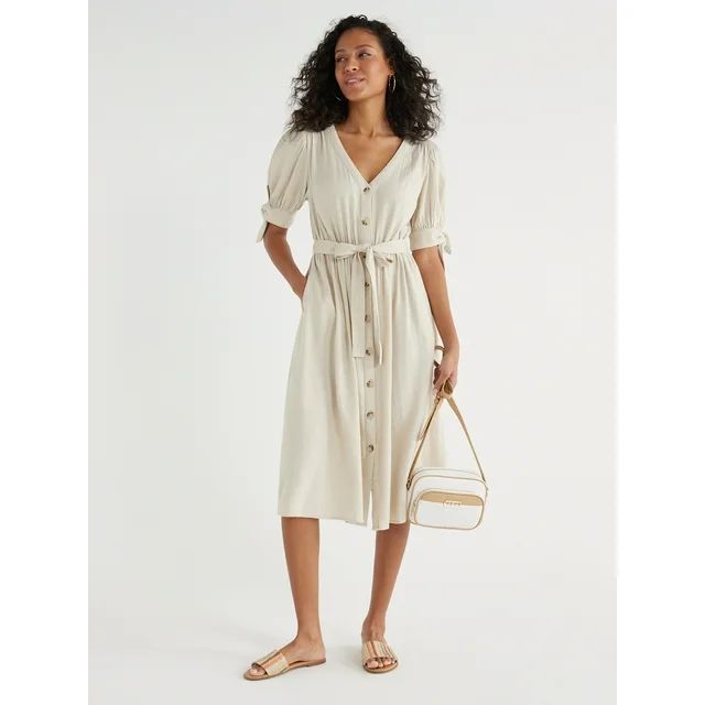 Time and Tru Women’s Tie Sleeve Linen Blend Midi Dress, Sizes XS-XXXL | Walmart (US)