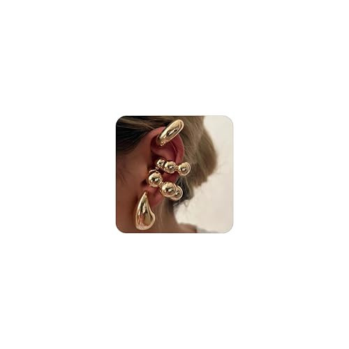 4 Pcs Chunky Gold|Silver Ear Cuff for Women Non Piercing Clip On Cartilage Wrap Cuff Earrings Thick Ear Cuff for Women (Drop Gold) | Amazon (US)