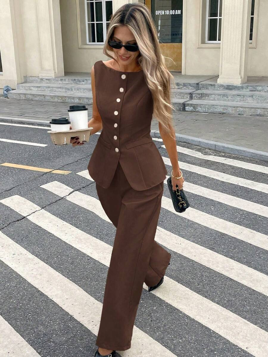 Serisse 2pcs Set Women Plain Front Button Sleeveless Top And Long Pants Casual Outfit | SHEIN