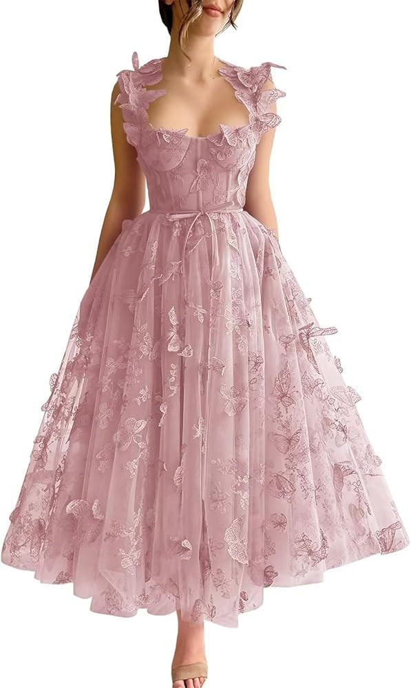 Tulle 3D Butterflies Prom Dresses for Women Spaghetti Straps Embroidered Sweetheart Formal Evenin... | Amazon (US)