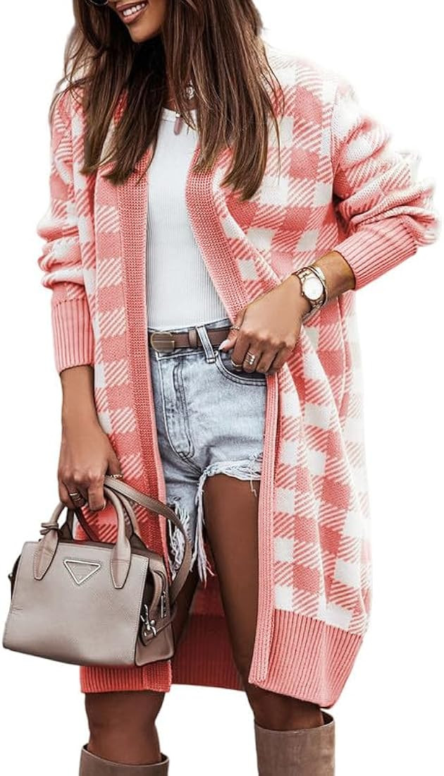 Dokotoo Womens 2023 Fall Winter Open Front Knit Plaid Long Cardigans Sweater Coats | Amazon (US)