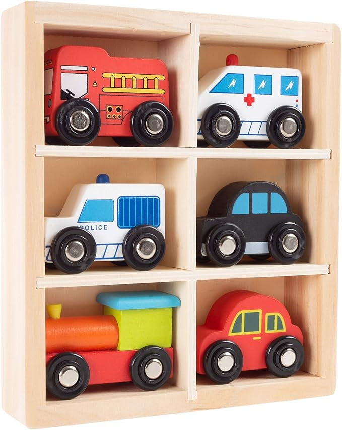 Hey! Play! Wooden Car PlaySet-6-Piece Mini Toy Vehicle Set with Cars, Police and Fire Trucks, Tra... | Amazon (US)