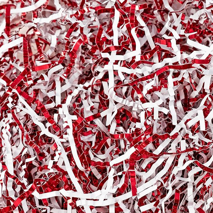 Gloreyan 1/2LB Crinkle Cut Paper Shred, Metallic Red White Raffia Paper Sherd Filler Grass for Ch... | Amazon (US)