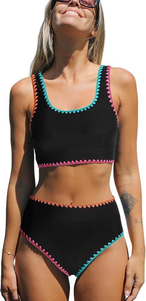 CUPSHE Women's Bikini Sets Two Piece Swimsuit Scoop Neck Tank Wide Straps Midkini Stitching | Amazon (US)