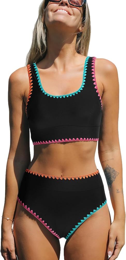CUPSHE Women's Bikini Sets Two Piece Swimsuit Scoop Neck Tank Wide Straps Midkini Stitching | Amazon (US)