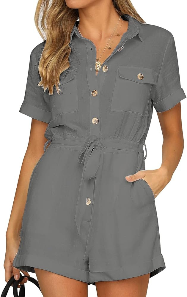 Vetinee Womens Summer Pockets Belted Romper Button Short Sleeve Jumpsuit Playsuit | Amazon (US)