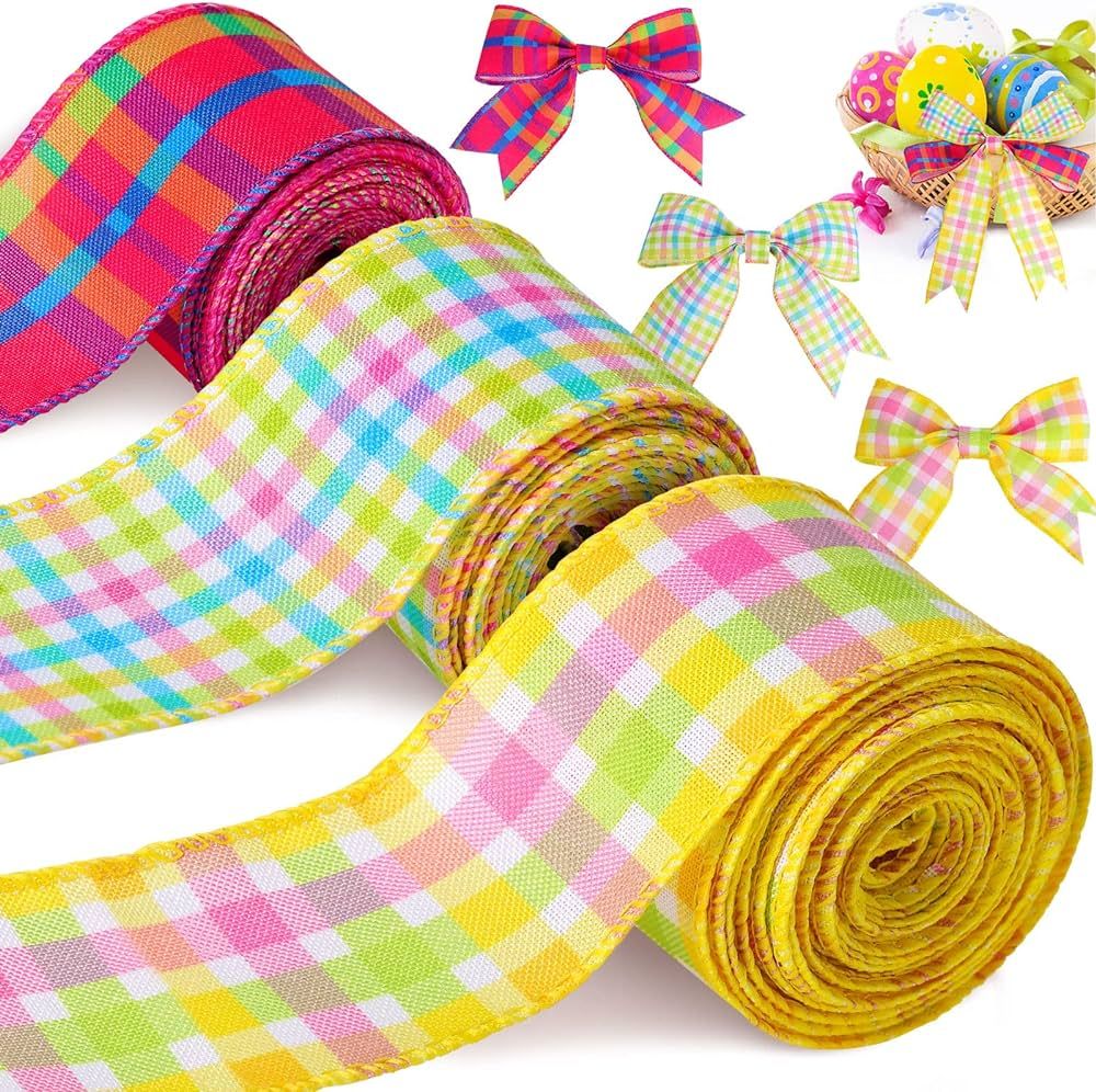 15 Yards Easter Plaid Fabric Ribbon 3 Roll 2 Inch Spring Gingham Ribbon Checkered Wired Ribbon Ye... | Amazon (US)