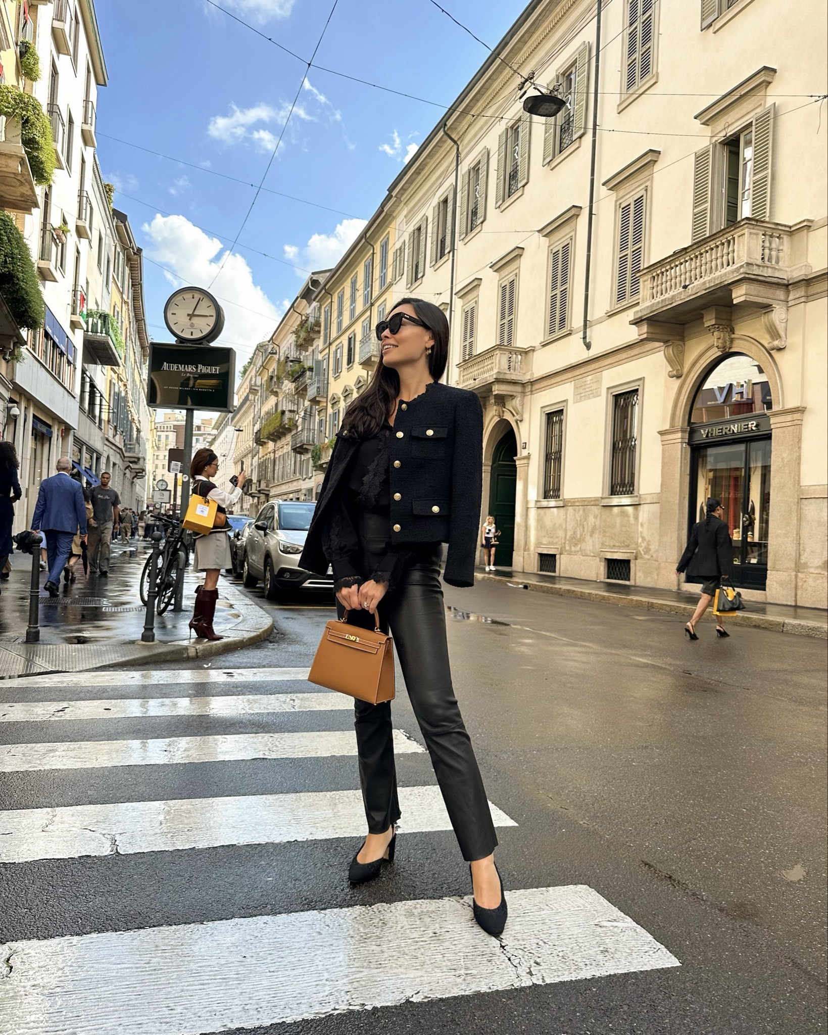 Classic fall outfit, tweed lady jacket, black jacket with gold buttons, Chanel sling back pumps, Hermes Kelly gold 25, Kat Jamieson style, leather pants. 

#LTKWorkwear #LTKParties #LTKHoliday