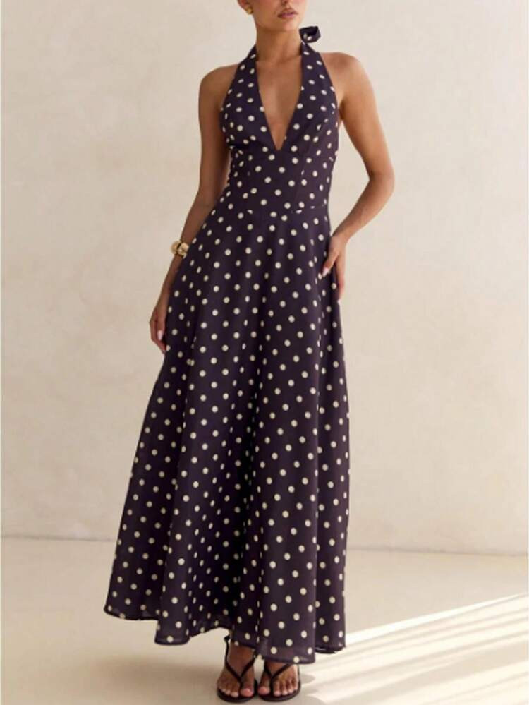 Women's Summer Polka Dot Maxi Dress - Sleeveless Backless Design, Flowy Lightweight Fabric For Beach Party | SHEIN