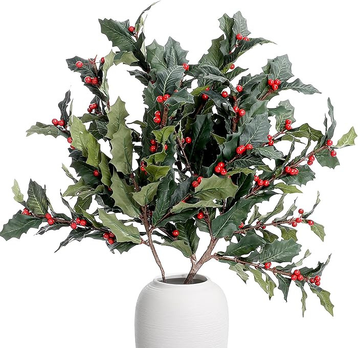 36 Inch Large Red Holly Branches 3 Pcs Christmas Burgundy Berry Stems Faux Artificial Holly Stems... | Amazon (US)