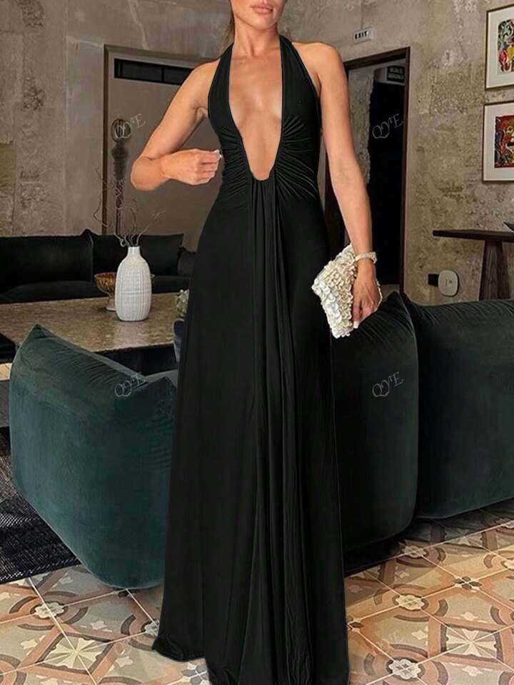 Women's Sexy Deep V-Neck Hollow Out Elegant Long Dress With Pleats, Waist-Defining Maxi Dress With Halter | SHEIN