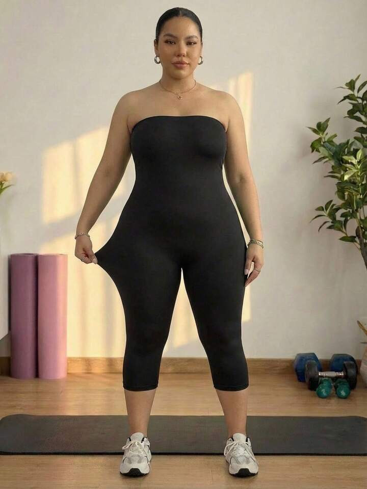 SHEIN CURVE+ Plus Size Women's Summer Cool Fabric Casual Strapless Jumpsuit | SHEIN