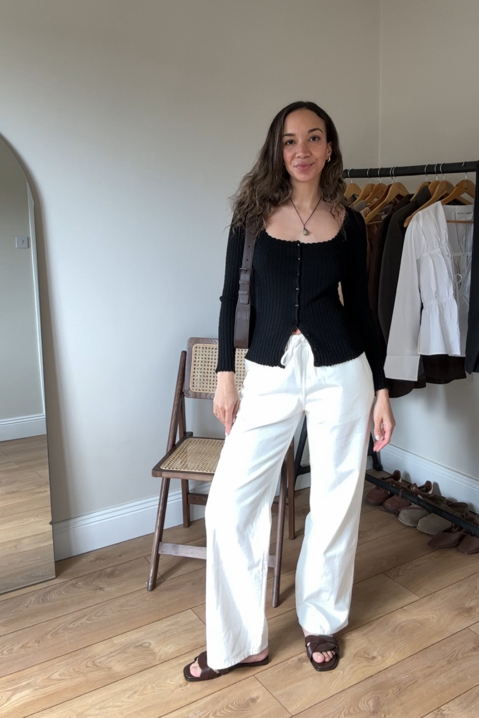 Sezane button up cardi, drawstring trousers, summer sandals, minimal outfit inspo, spring outfit inspo, black white and brown, neutral outfit

#LTKeurope #LTKstyletip #LTKfindsunder100